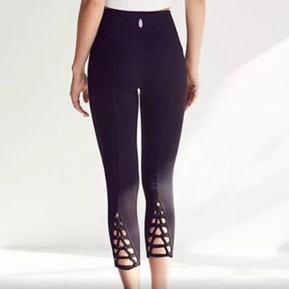 Free People Movement High Waist Black Cropped Lace Up Athletic Leggings - Picture 2 of 5